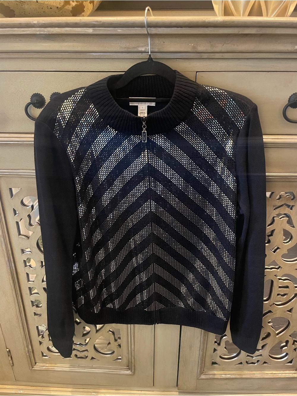 St John Sport Women's Black Chevron Zip-Front Sweater